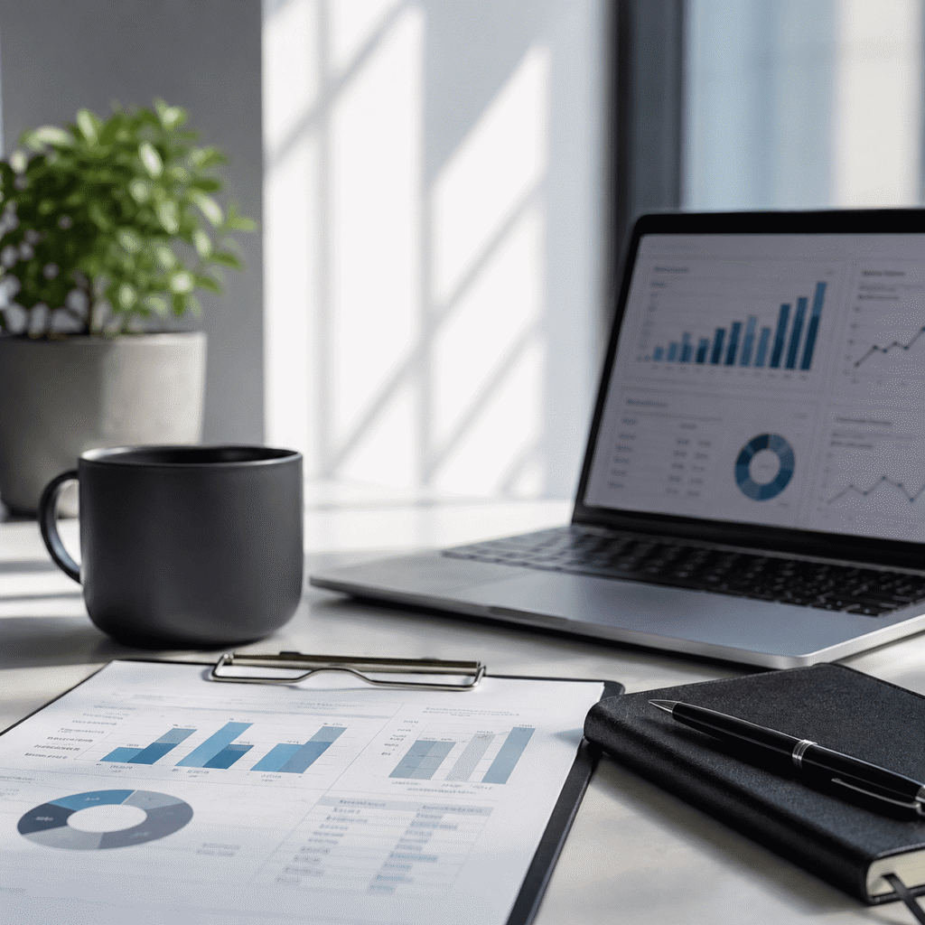 Digital strategy services represented by a professional workspace with a laptop displaying analytics dashboards, business reports, and performance charts.