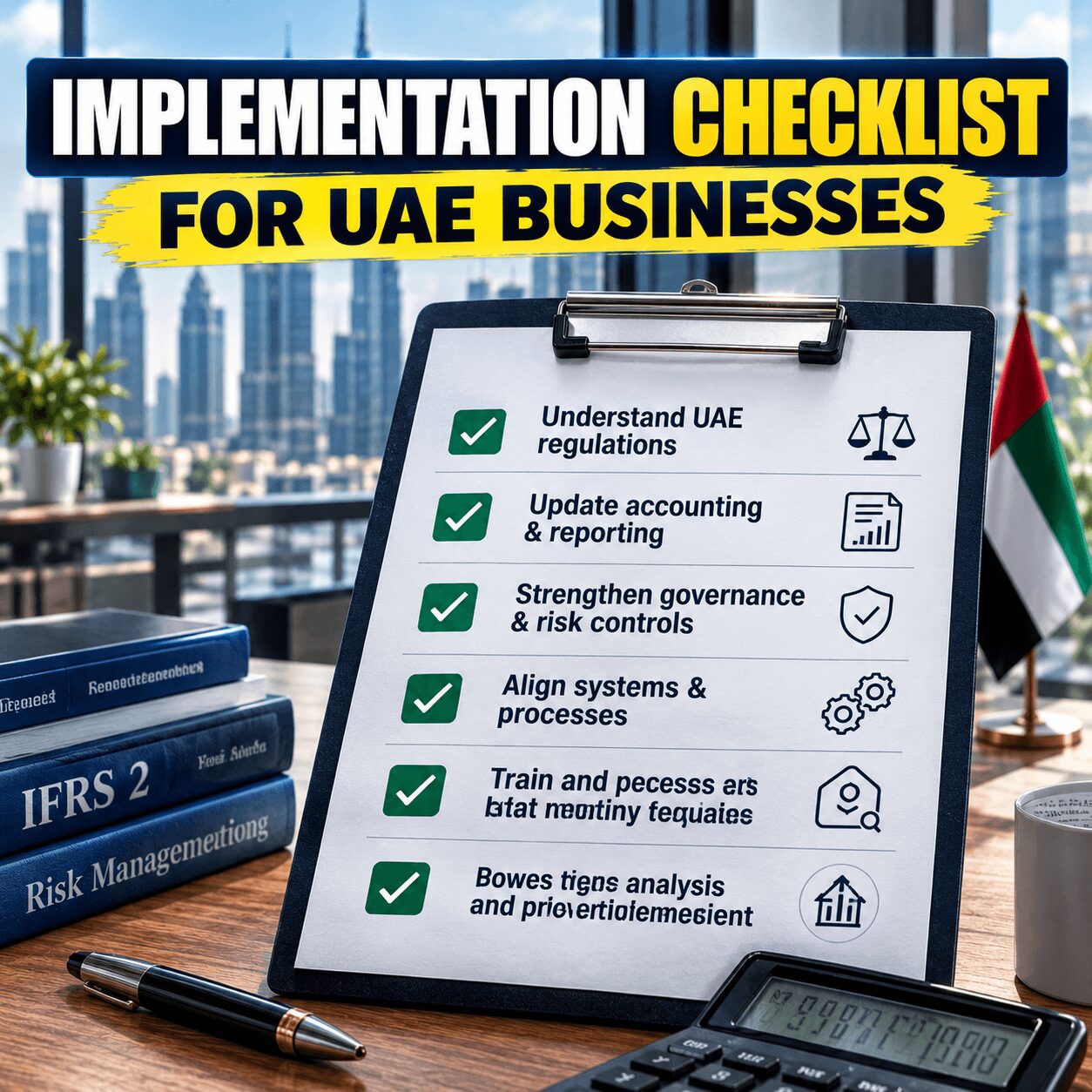 IFRS 9 expected credit loss implementation checklist for UAE businesses covering regulations, reporting, governance, systems, training, and analysis.