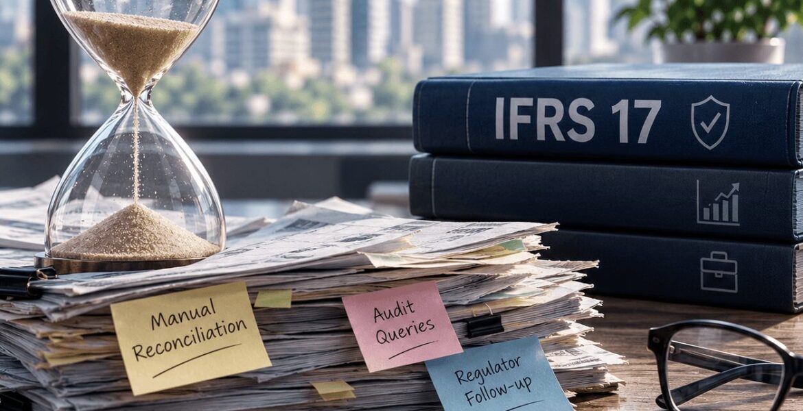 IFRS 17 consulting services represented by an hourglass, manual reconciliation documents, audit queries, regulatory follow-up notes, and IFRS 17 compliance binders.