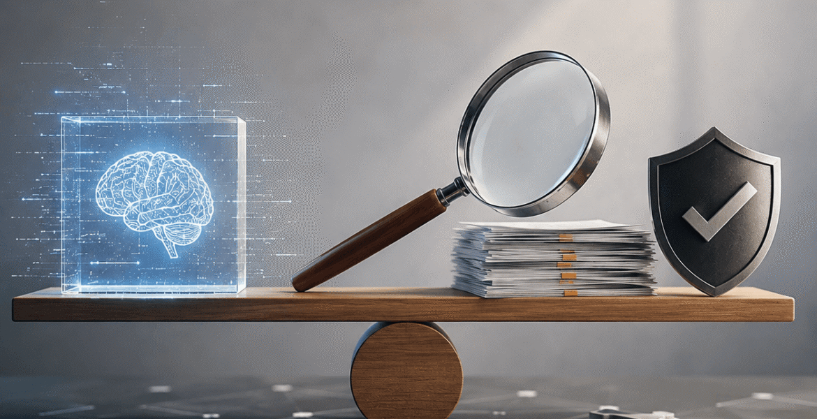 Content marketing services concept showing a balance between AI technology and human-led content review, with a magnifying glass, documents, and verification shield.