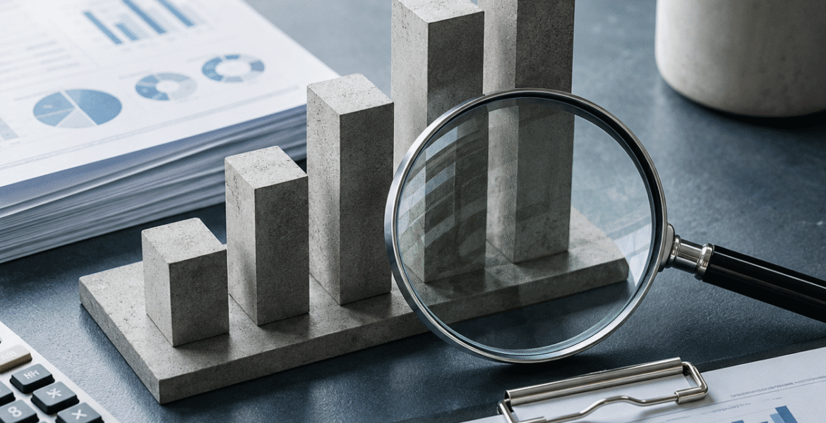 IAS 36 impairment testing services with financial reports, charts, calculator, and magnifying glass used for asset impairment analysis.