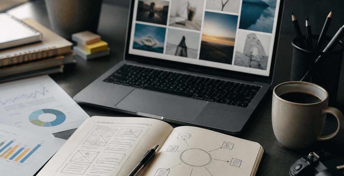 Content marketing services workspace showing a laptop, content planning notebook, research notes, charts, camera, and creative materials arranged on a professional desk.
