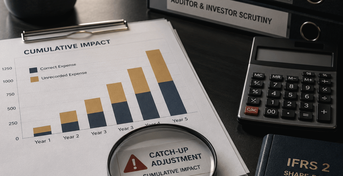 IFRS 2 share-based payment valuation services illustrating cumulative expense impact, catch-up adjustments and financial restatement risks.