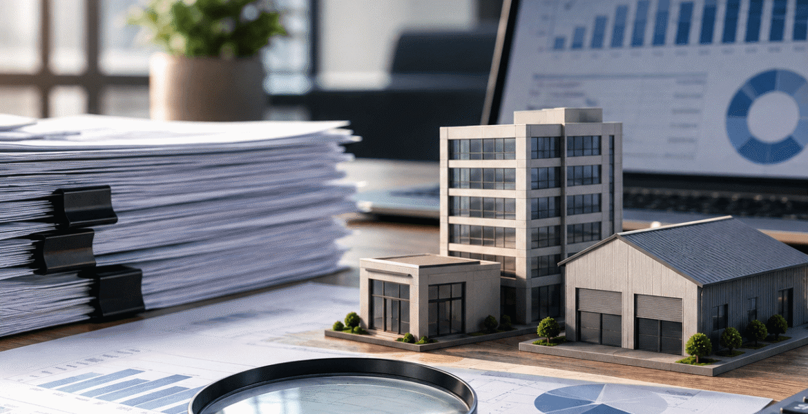 IFRS 16 lease compliance services shown through property models, lease documents, financial charts, and compliance analysis.