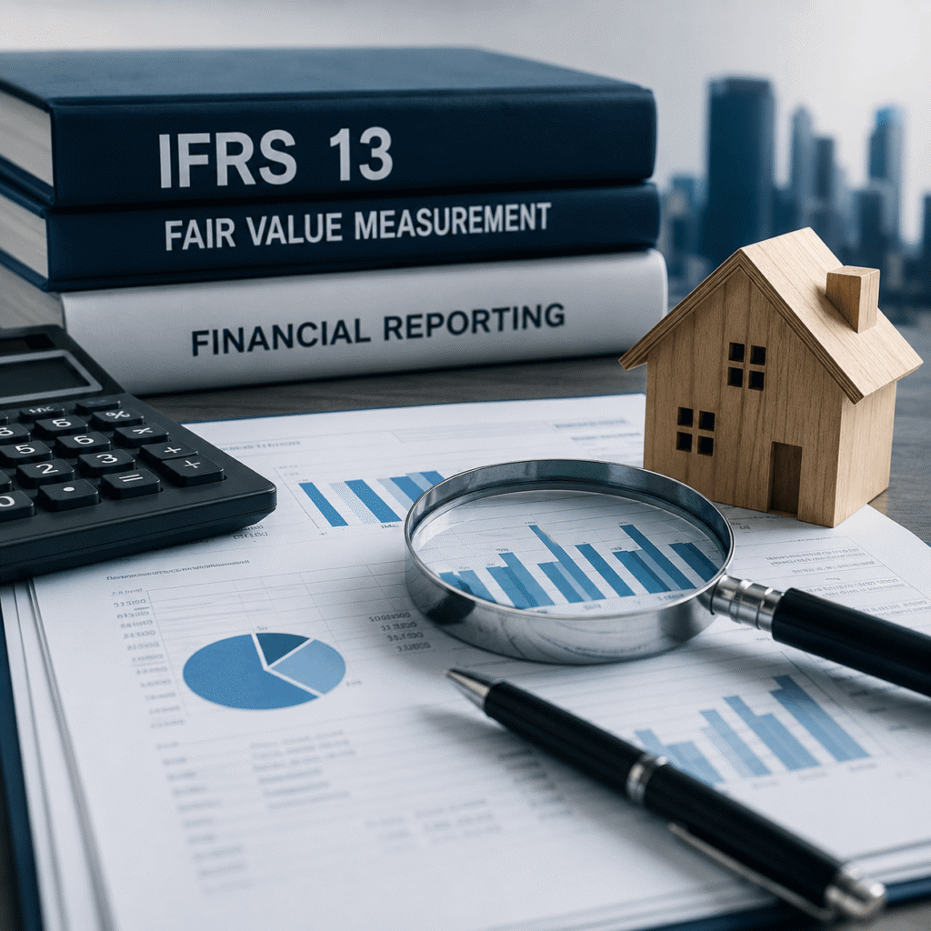 IFRS 13 fair value measurement services with financial reports, valuation charts, magnifying glass, calculator, and property model