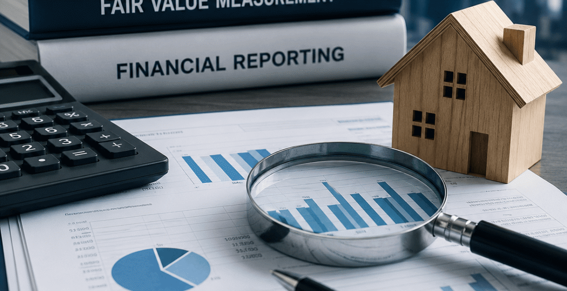 IFRS 13 fair value measurement services with financial reports, valuation charts, magnifying glass, calculator, and property model