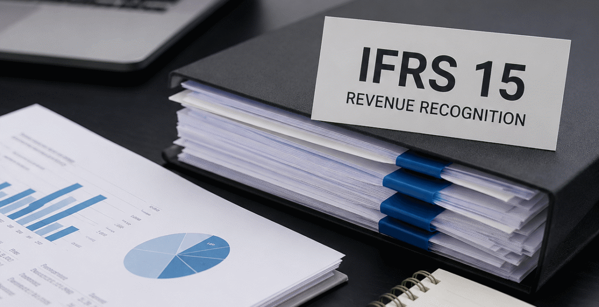IFRS 15 revenue recognition services concept showing a transition from financial complexity to structured growth using a chess piece, charts, and wooden blocks.