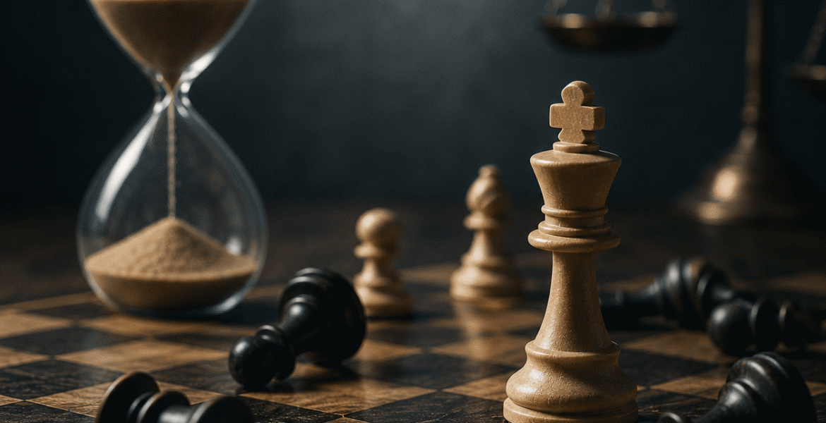 Content marketing services concept featuring a chessboard with a central king, fallen pieces, an hourglass, and balance scale representing strategic risk, time, and the cost of inaction.