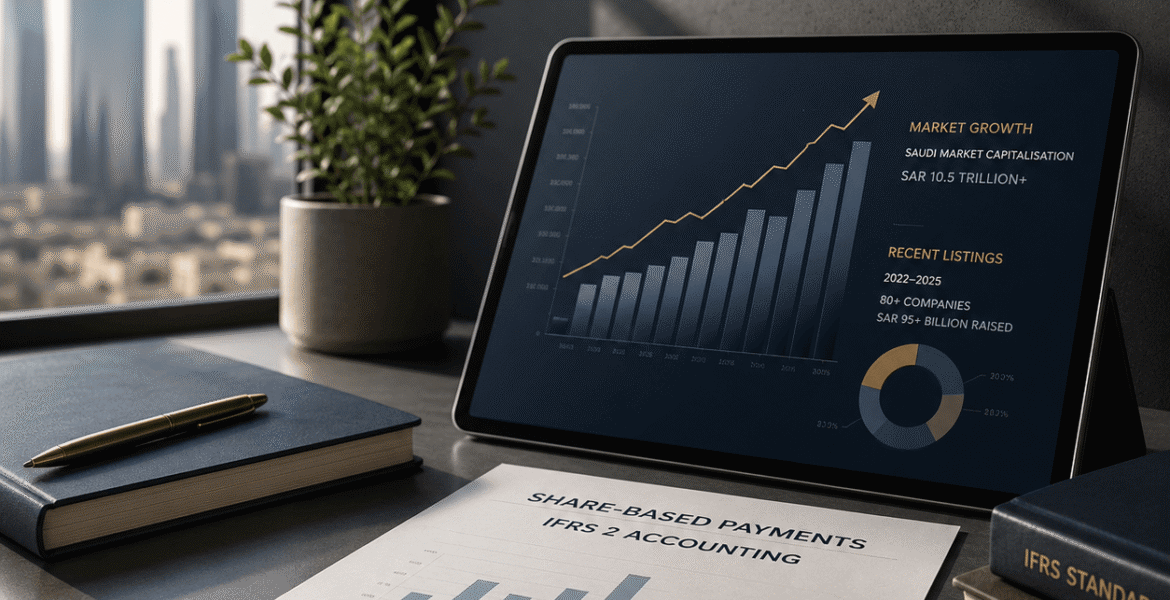 IFRS 2 share-based payment valuation services showing Saudi market growth, recent listings and share-based payment accounting on a corporate desk.