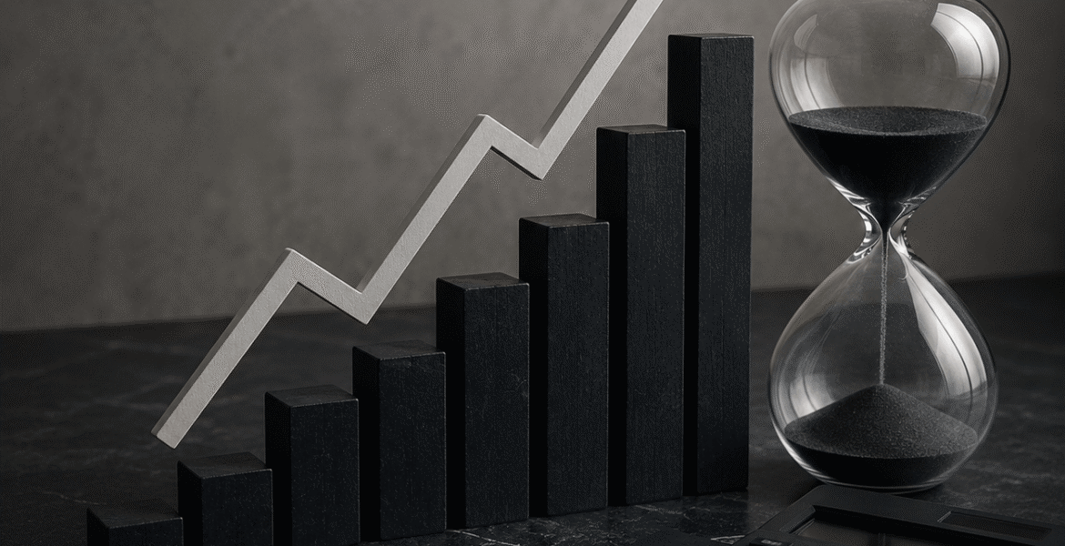 SEO strategy consulting concept with rising business growth bars, an hourglass, calculator, and planning notebook on a dark corporate desk.
