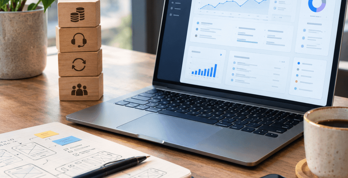 UI UX design services workspace with laptop dashboard, wireframe sketches, support icons, and mobile interface