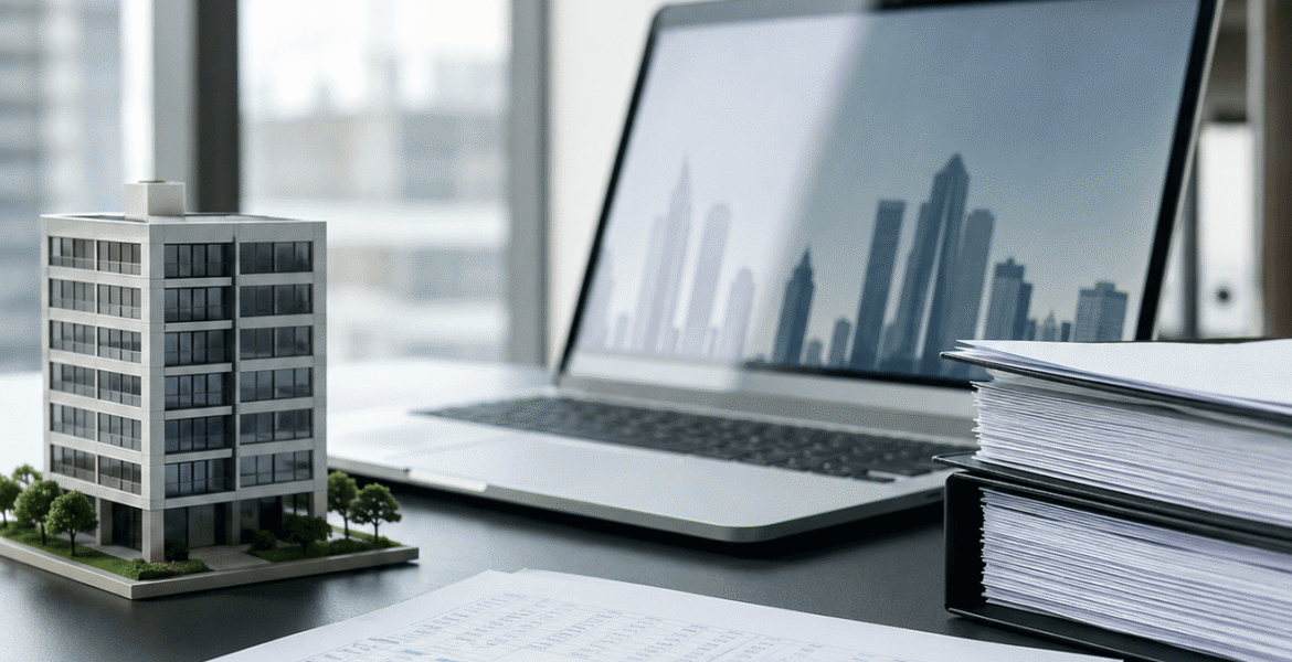 IFRS 16 lease compliance services with lease documents, building model, and financial analysis on an office desk.