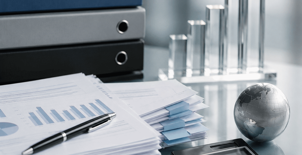 IFRS 13 fair value measurement services shown through financial reports, valuation charts, calculator, pen, and analytical glass sphere