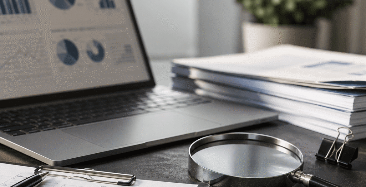 IAS 36 impairment testing services represented by a laptop, financial reports, charts, and magnifying glass for impairment review.