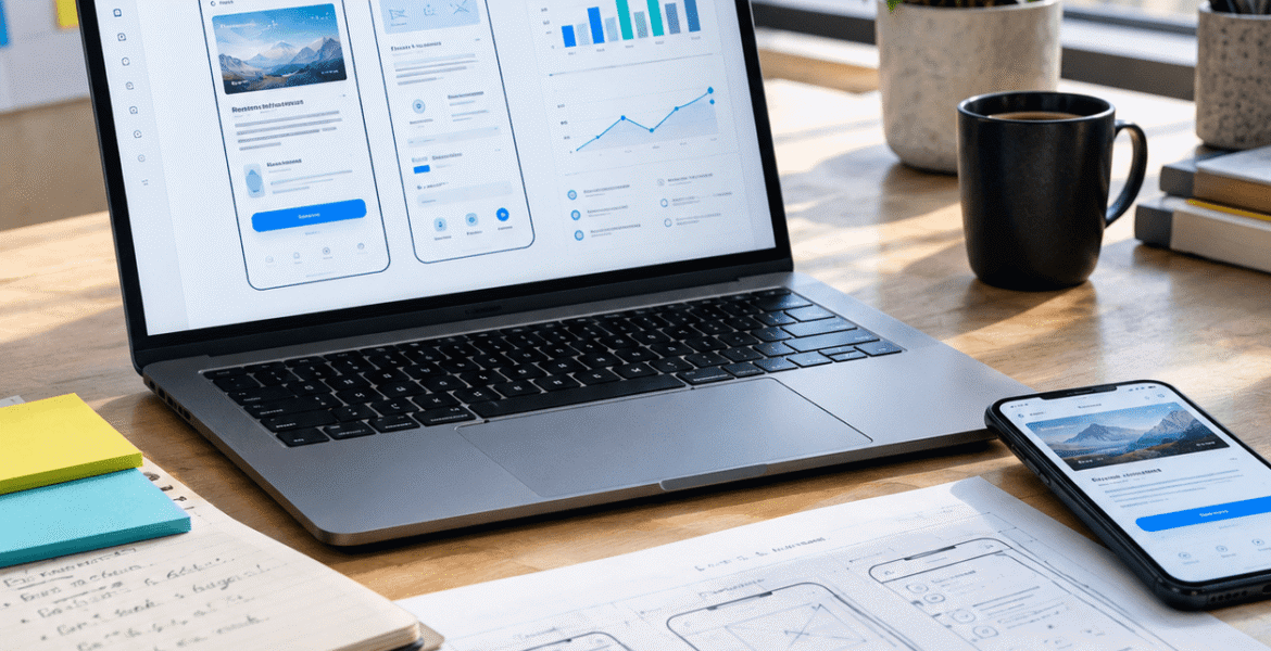 UI UX design services displayed on laptop and smartphone with interface prototypes, analytics, and wireframes