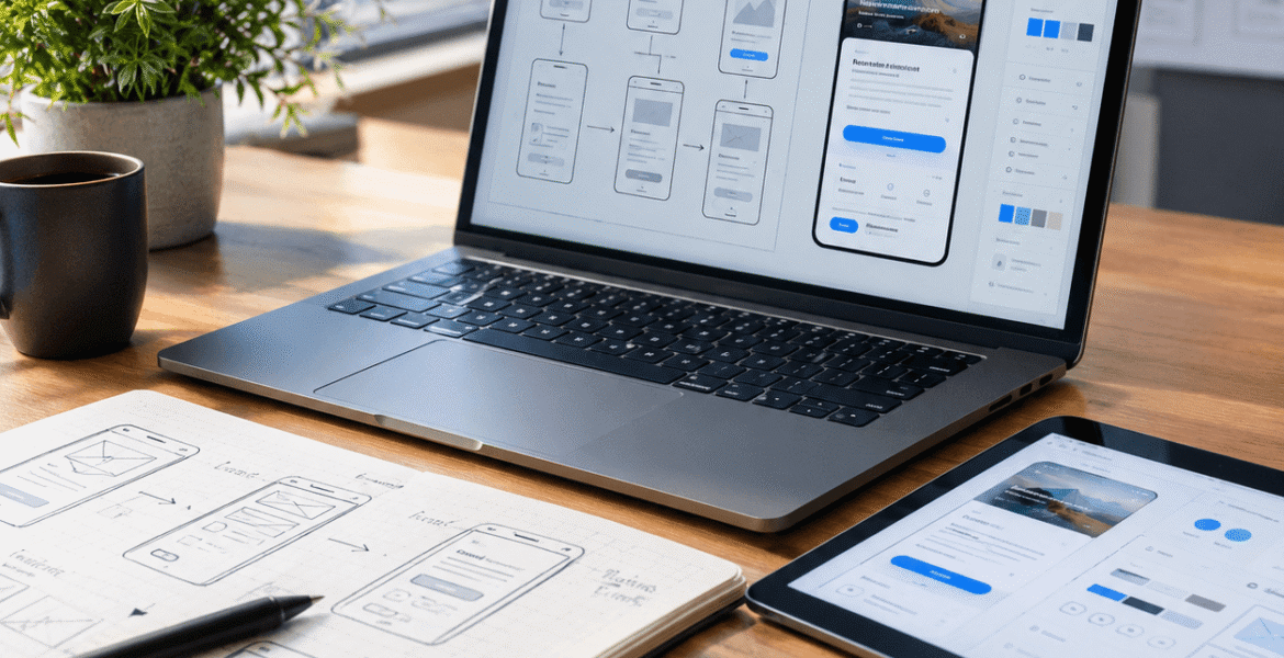 UI UX design services workspace with laptop, wireframes, mobile interface prototypes, and design sketches