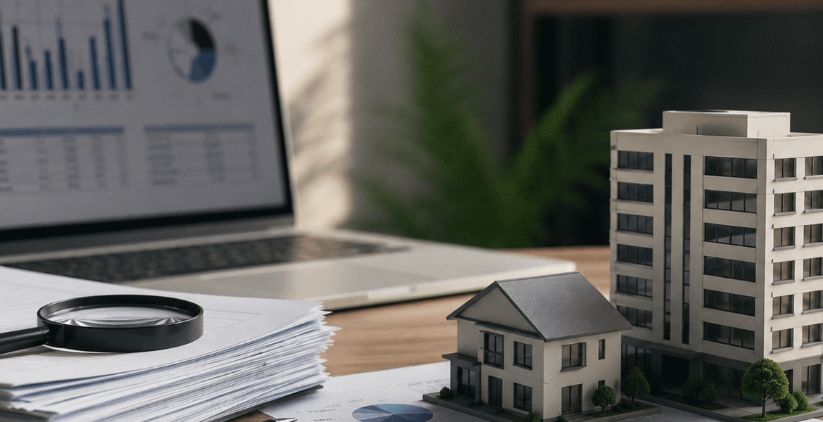 IFRS 16 lease compliance services represented by lease documents, property models, financial charts, and a magnifying glass. Image 3 Alt Text: IFRS 16 lease compliance services shown through property models, lease documents, financial charts, and compliance analysis.
