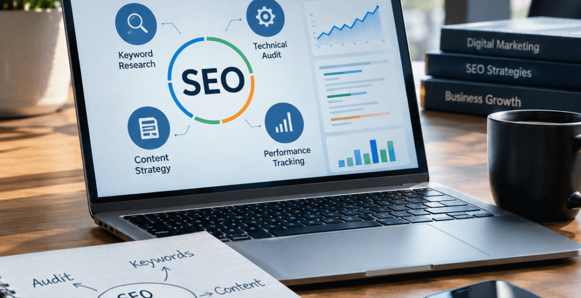 SEO strategy consulting workspace showing technical audit, keyword strategy, content mapping, and performance measurement reports on a corporate desk.