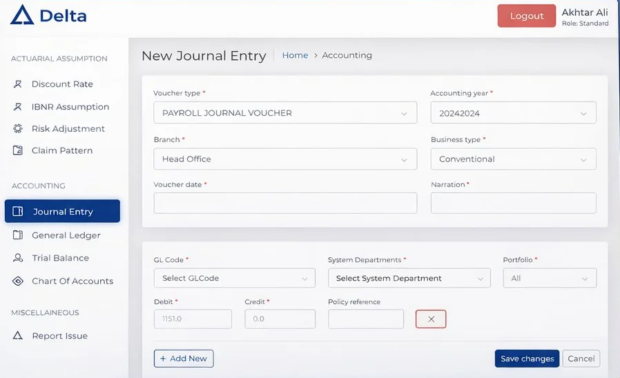 Delta IFRS 17 software journal entry screen with actuarial assumptions and accounting menus