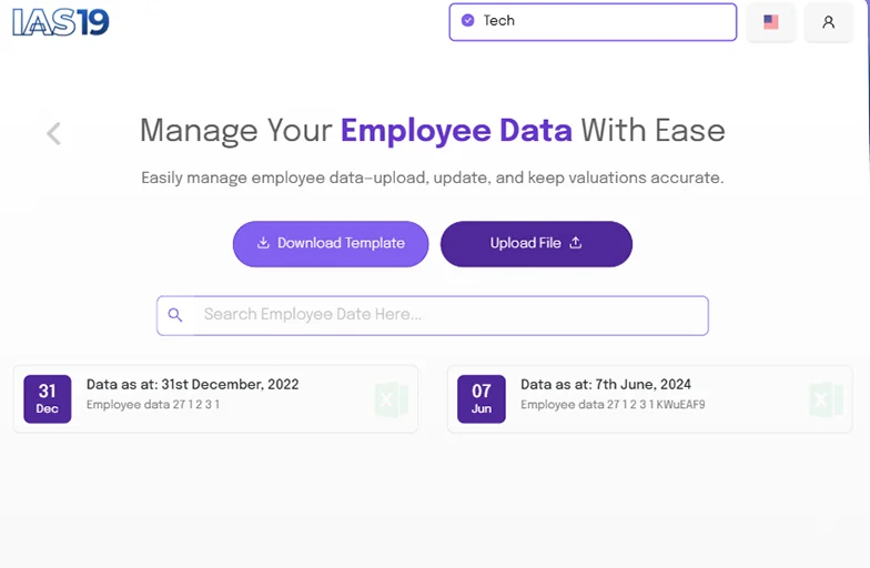 IAS 19 valuation software screen for uploading and managing employee data