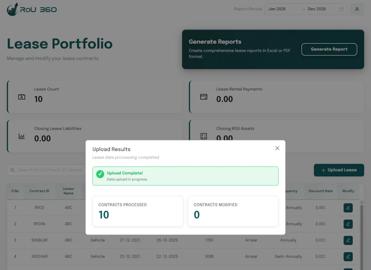 ROU 360 IFRS 16 lease accounting software showing the lease portfolio and an upload results panel
