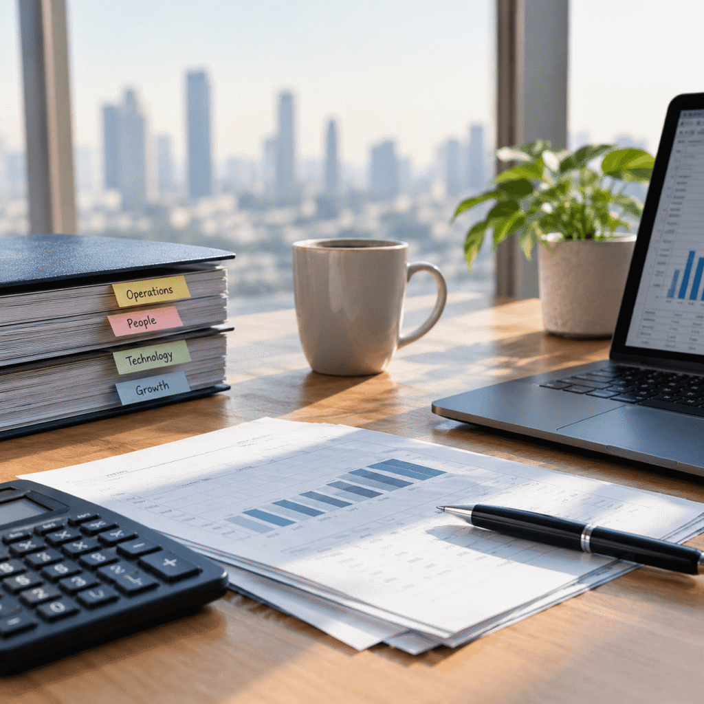 Expense and Cash Flow Studies with cost analysis reports, a calculator, and financial performance charts on a corporate desk.