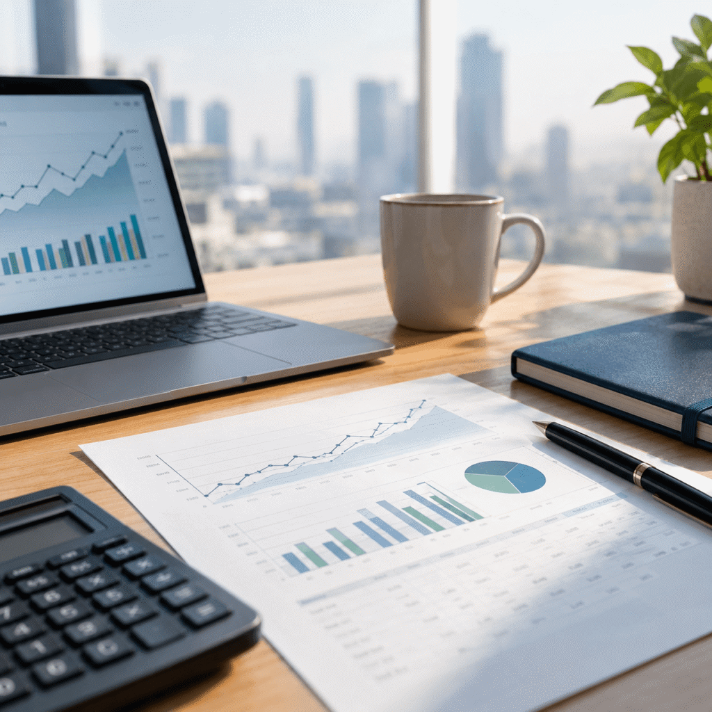 Expense and Cash Flow Studies with financial reports, forecasting charts, and business analytics on an office desk.