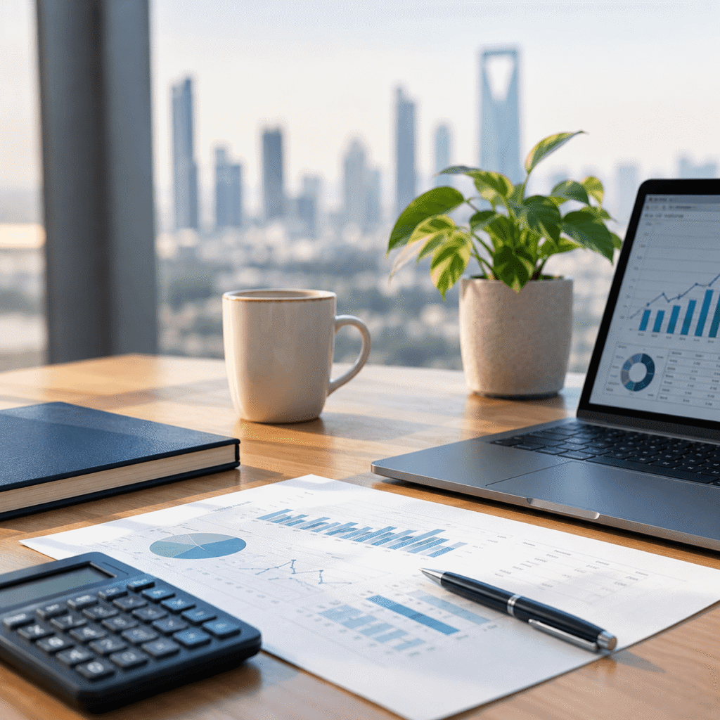 Expense and Cash Flow Studies featuring financial charts, a laptop, and business planning reports in a modern office.